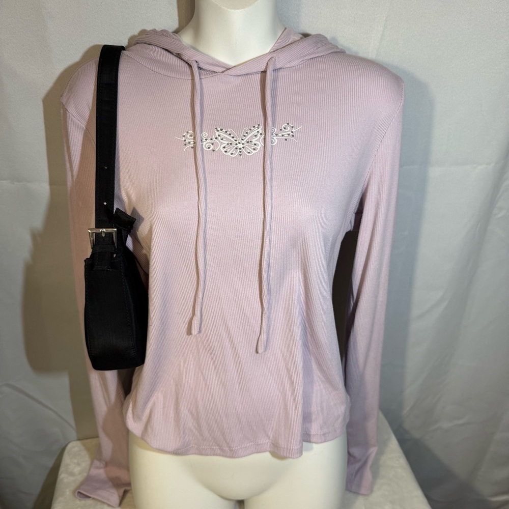 Just Polly Y2K Butterfly Rhinestone Ribbed Hoodie Top XL